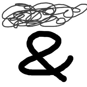 A thick black and sign under a dark gray cloud of tangled lines.